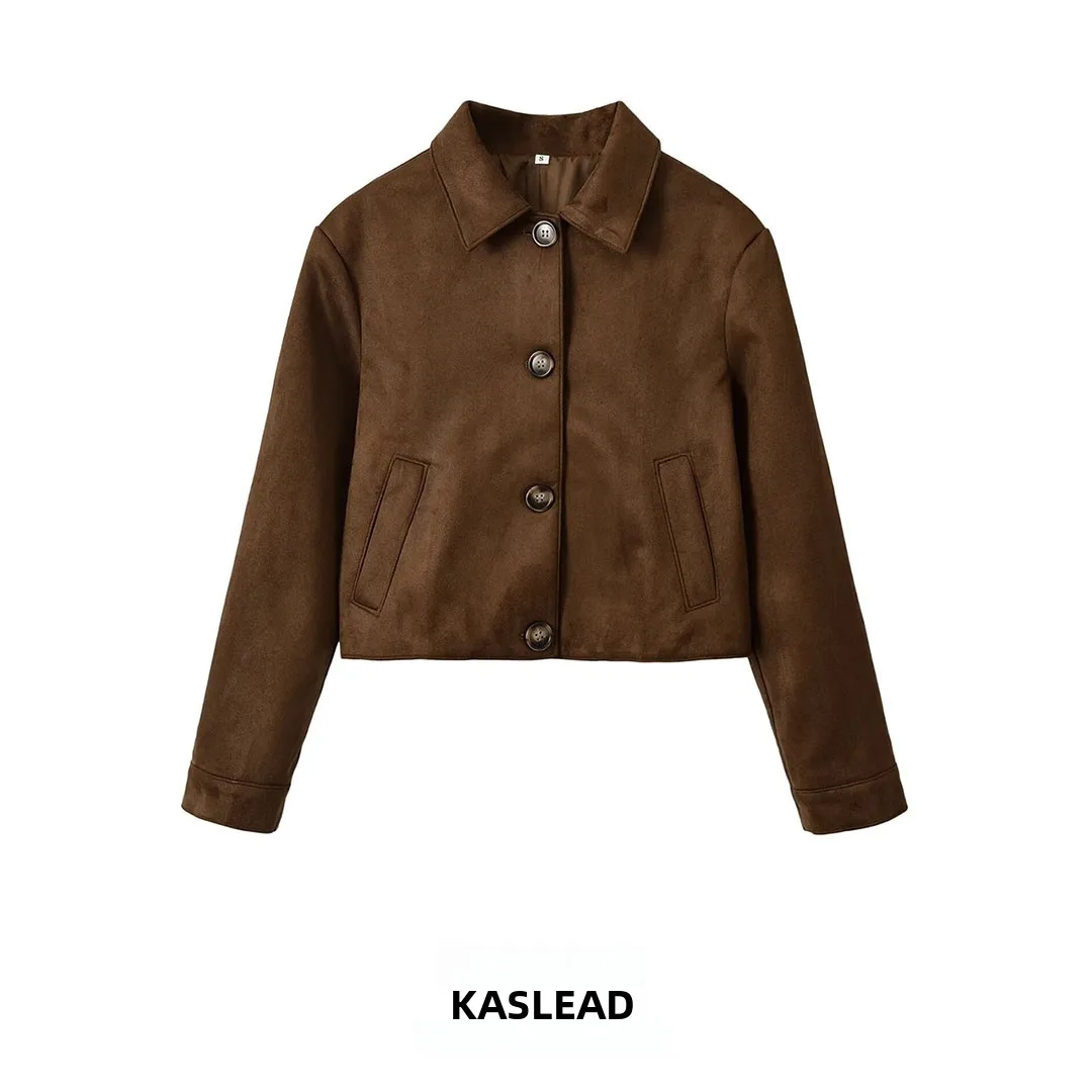 KASLEAD New Women's Fashionable Suede Flight Jacket Single Button Short Outerwear Windproof Long Sleeve Polyester Fiber