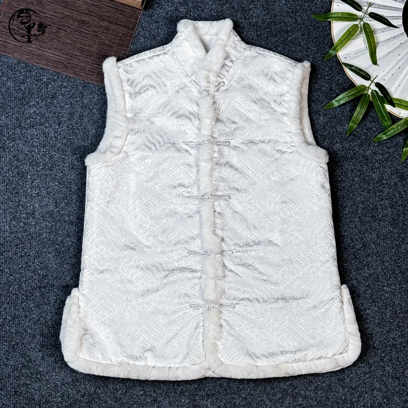 [Motivo acqua di mare] gilet invernale in cotone imbottito con pelo di coniglio Rex giacca da uomo con colletto rialzato in jacquard broccato