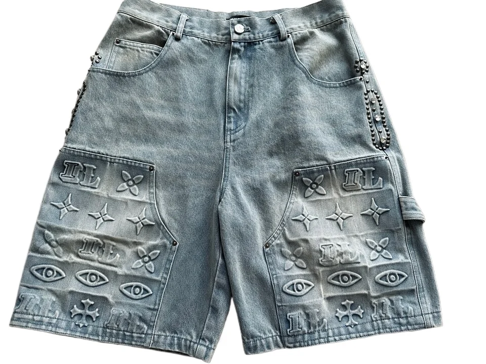 

American Trendy Three-dimensional Embossed LOGO Pattern Short Jeans for Women New Light Blue Loose Street Harajuku Shorts