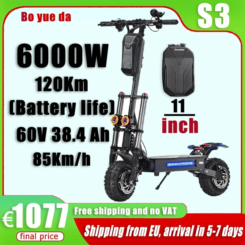 S3 Electric Scooter 6000W Dual Motor 60V-38AH Battery Top Speed 85km/h Max Range 120km Foldable 11inch Tires Max load 400kg