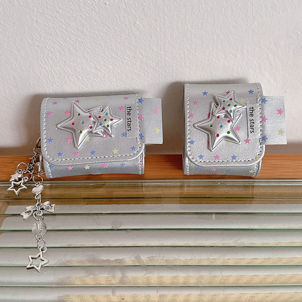 에어팟 프로 2 케이스 은빛 가죽 다채로운 3D 별 이어폰 커버, 애플 에어팟 1 3 프로 2 헤드셋 쉘 펜던트 포함