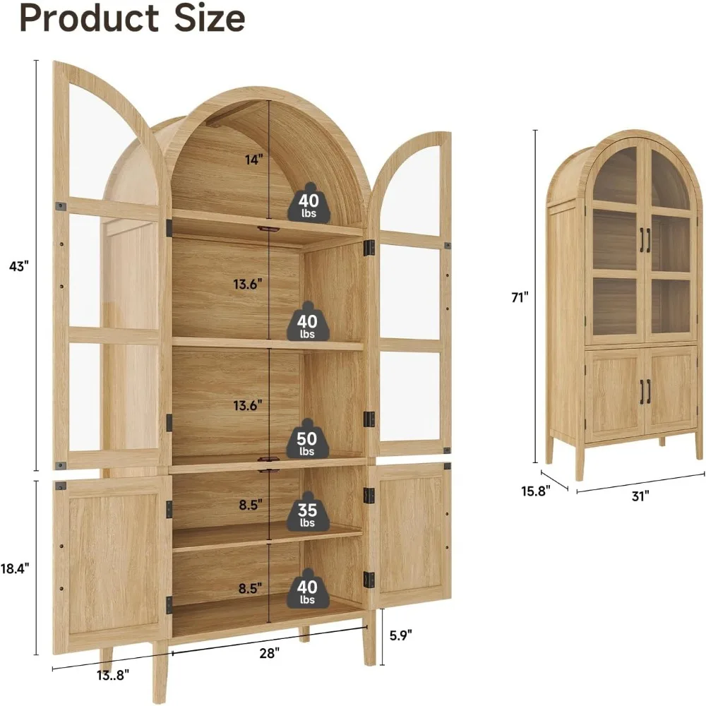 ONBRILL 71 خزانة مقوسة طويلة، مخزن مطبخ مقوس من 5 طبقات مع أبواب وأرفف زجاجية، خزائن تخزين عصرية مع إعلان #2