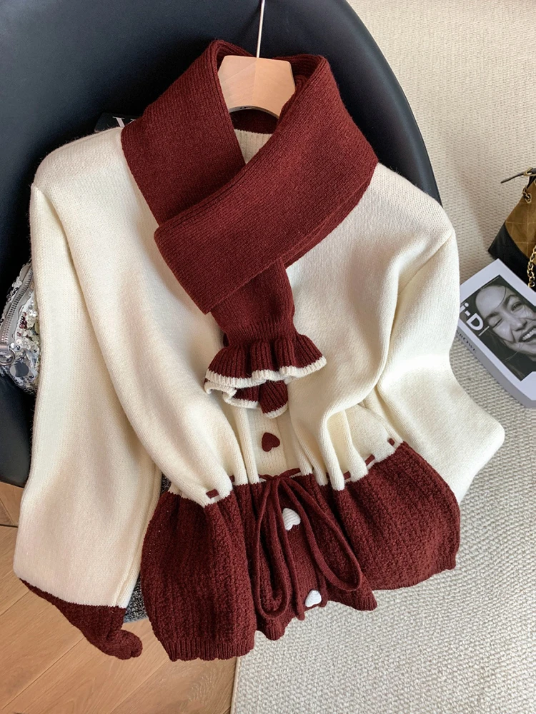 Sweet Preppy Knit Cardigan Women Chic Button Lace Up Patchwork Kawaii Sweater Autumn Winter Scarf O Neck Casual Knitwear Tops