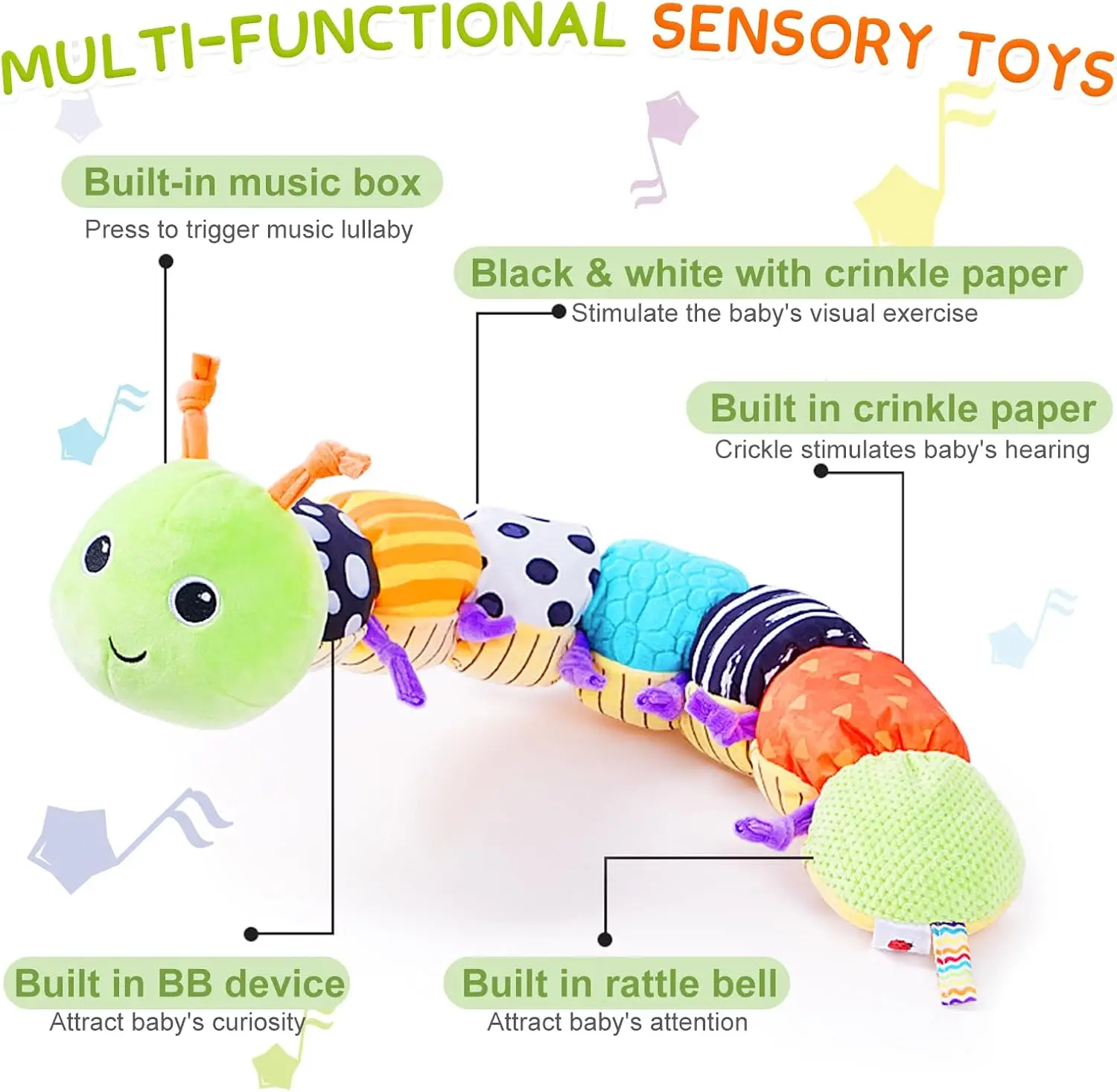 Animal relleno Musical para bebé, juguetes suaves de actividades con oruga, sonajero arrugado multisensorial y texturas, lindos juguetes de oruga