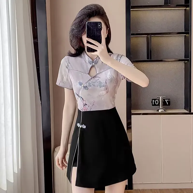 

Women's New Chinese Style Short Sleeve Dress and Shorts Suits Summer 2025 Two-Pieces Set Elegant Casual Fashion Cheongsam