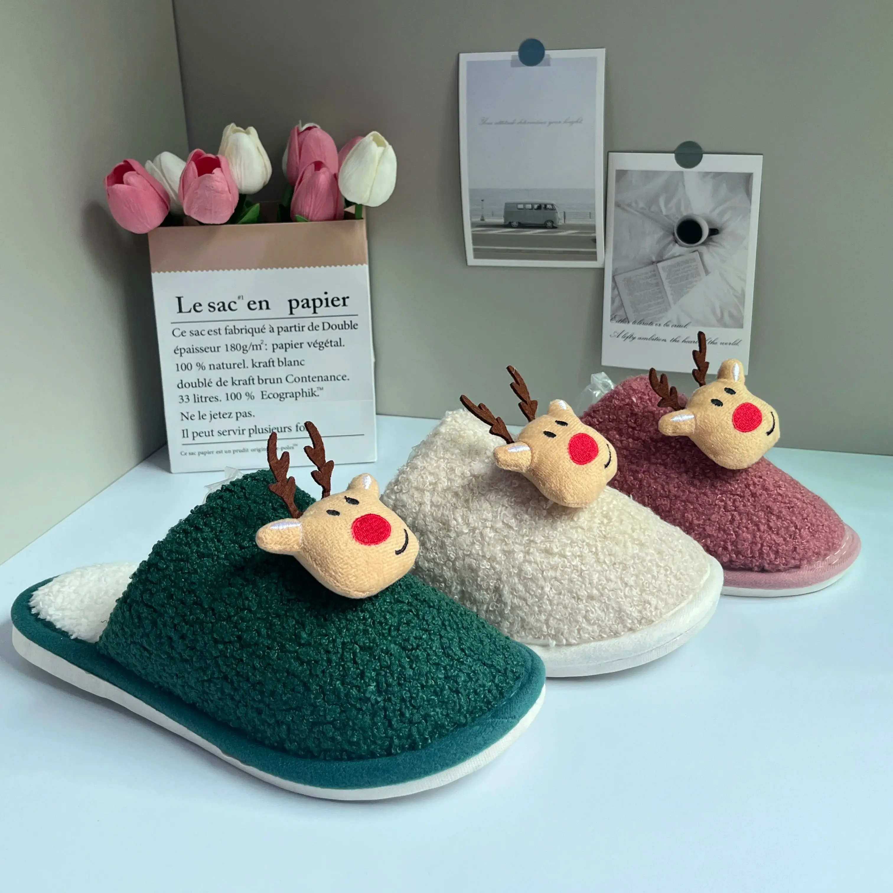 

Winter Warm Slippers Lovely Women's Slides Home Cute Cartoon Cotton Footwear Christmas Deer Non-Slip House Shoes