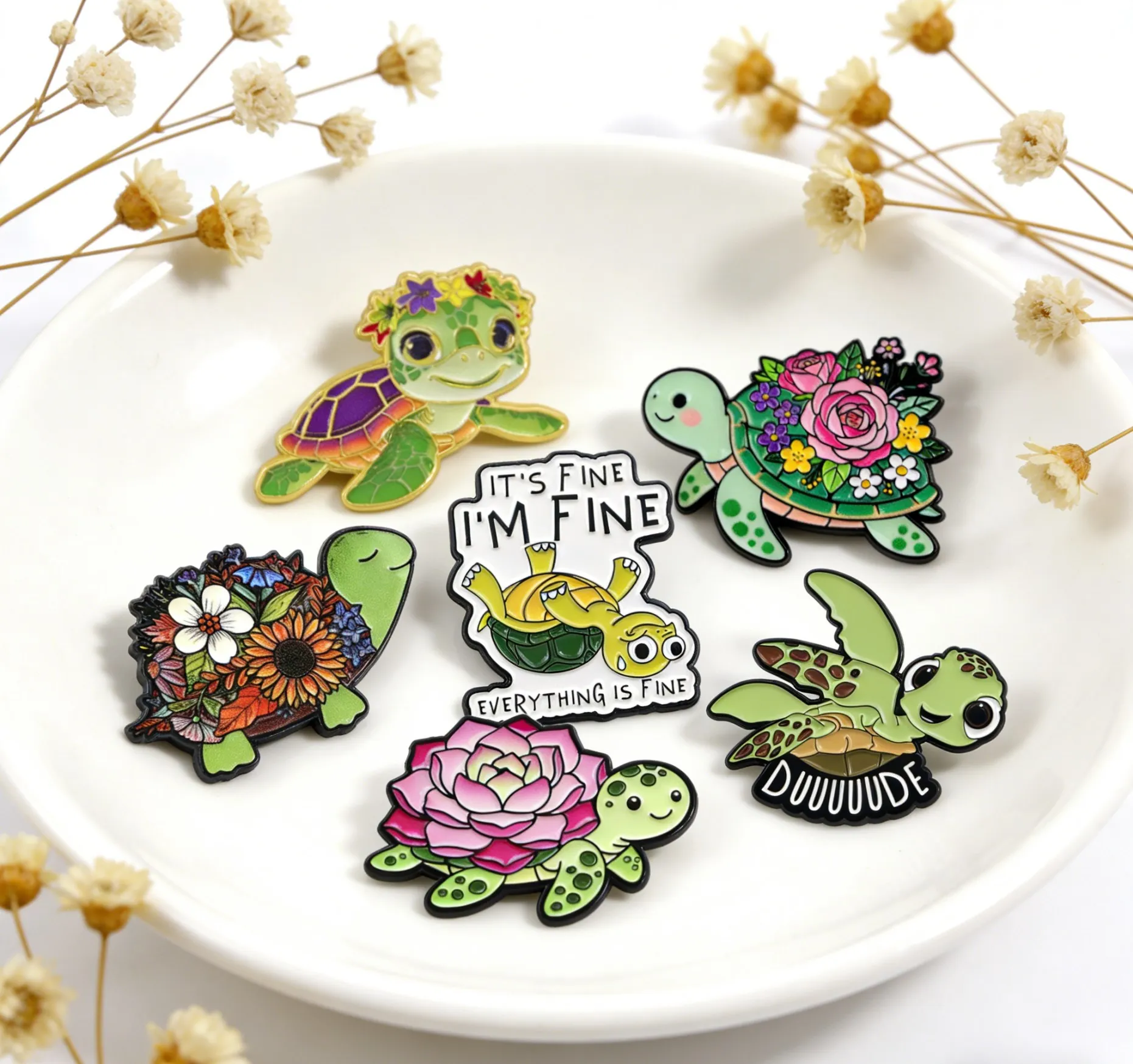 

6pcs/set Sea Turtle and Flower Enamel Pins Green Metal Brooch Backpack Hat Bag Collar Badges Fashion Jewelry Collection Gifts