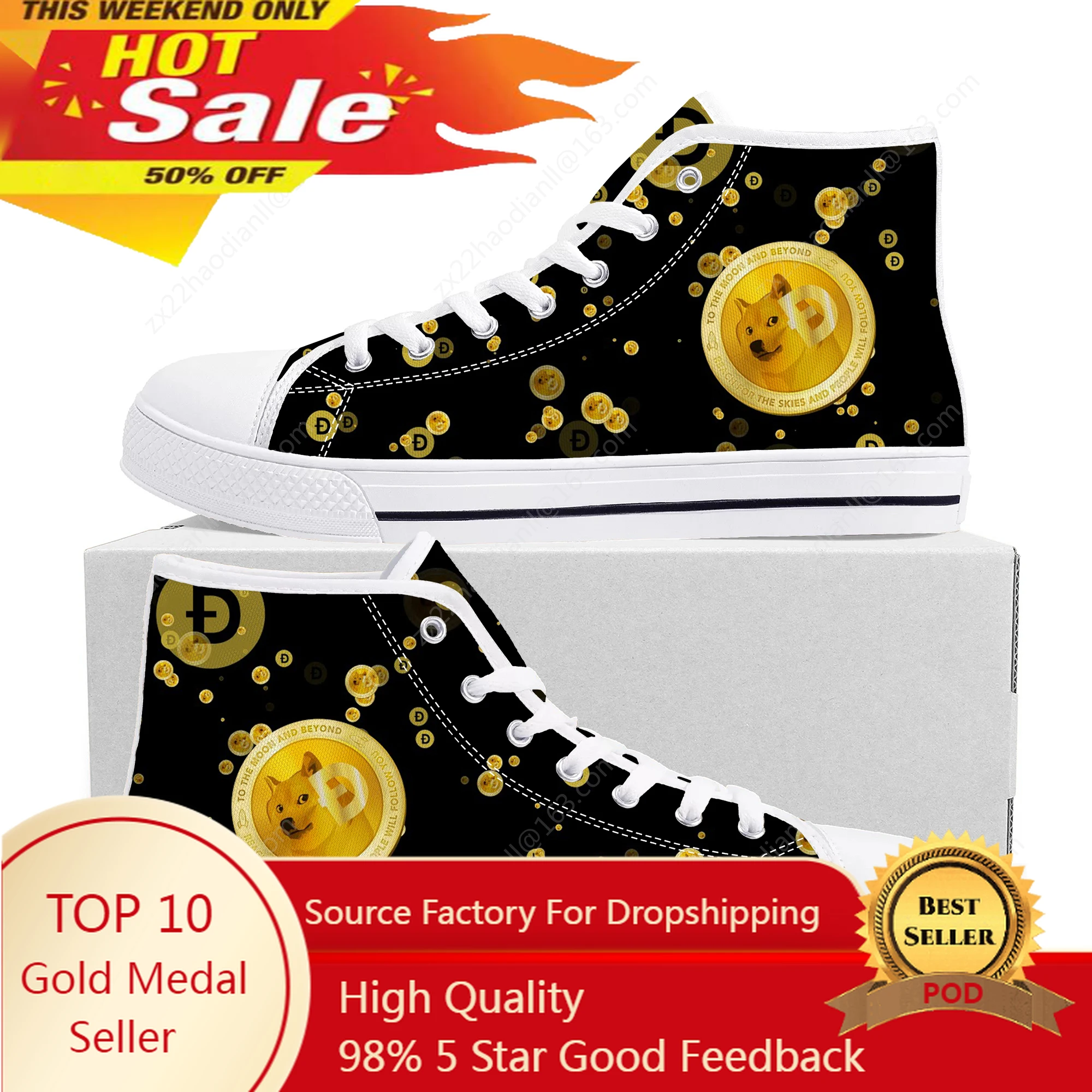 

Hot Dogecoin Crypto Currency Dog Coin High Top Quality Sneakers Mens Womens Canvas Sneaker Casual Couple Shoes Custom Shoe