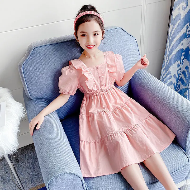 

Girl Summer Dress 2025 Newest Sweet Square Collar Party Girls Dresses for School Child Teenage Clothes Girls 10 To 12 Years Old