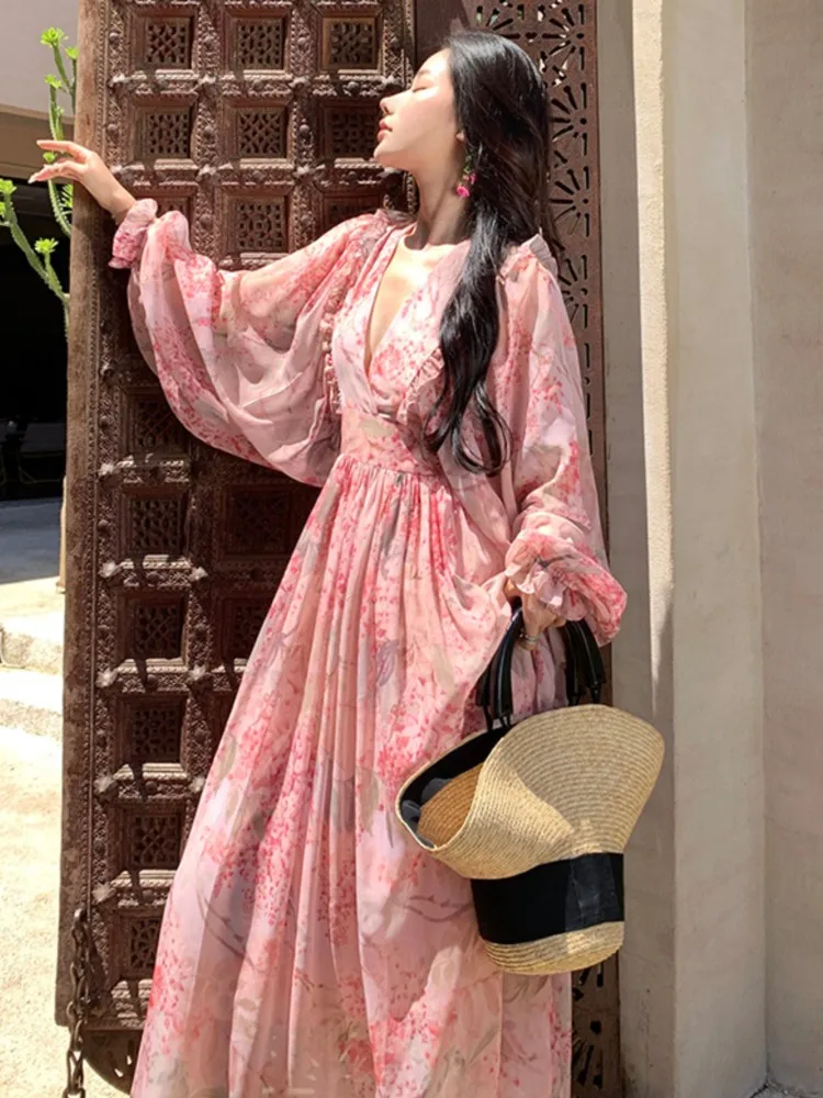 

Women Autumn Floral Casual Beach Evening Party Long Dresses V Neck Vintage A-line Dress Korean Fashion Sweet Vestidos Mujer New