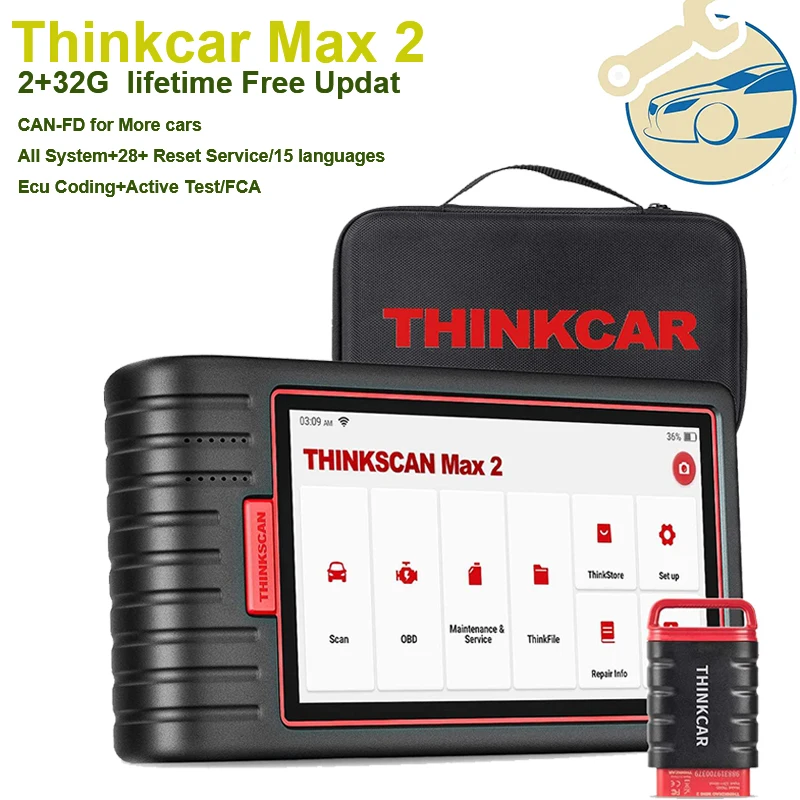 Thinkcar Thinkscan Max 2 Car Diagnostic Tools FCA CANFD Auto OBD2 All System Scanner 28 Reset ECU Coding Active Test Free Update