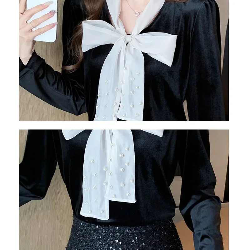 Autumn Fashion Velvet Long Sleeve Bow Collar Women Blouse Sweet Pearl Lace Up Grace Blouse Shirt Women Tops Blusas De Mujer D234