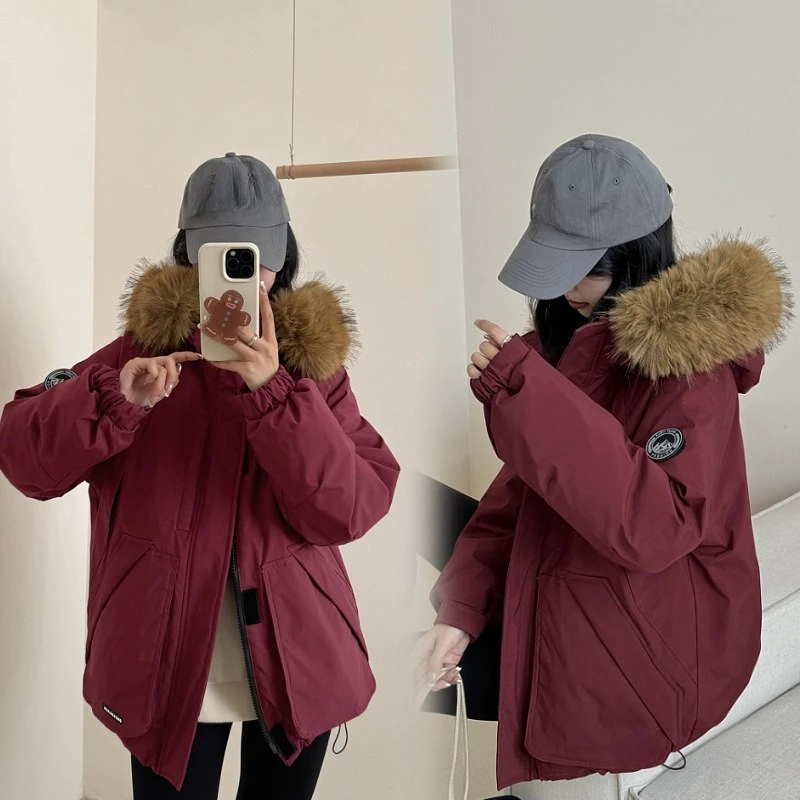 Fashionable Winter Loose Casual Thick Warm  New in Women's Solid Color Collar Hooded Cotton Jacket Short Parka Coat Top