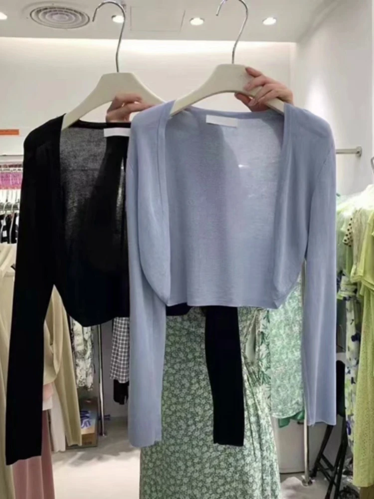 Short Ice Silk Knitted Sun Protection Cardigan Women's Thin Summer Suspender Skirt Layered Gauze Jacket Air-conditioned Cover Up