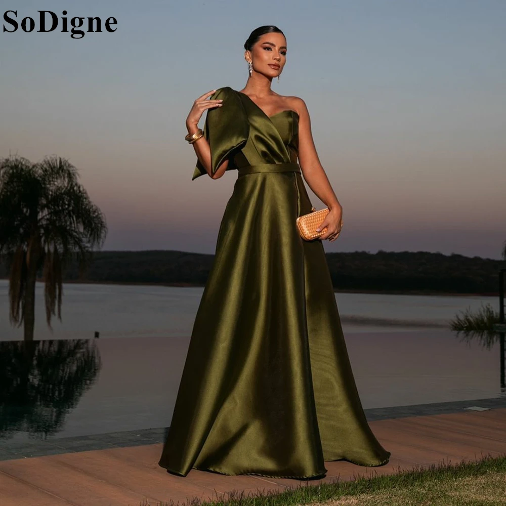 SoDigne Olive Green Satin Evening Dresses One Shoulder A-Line Pleated Backless Party Dress 2024 Elegant Formal Prom Gowns