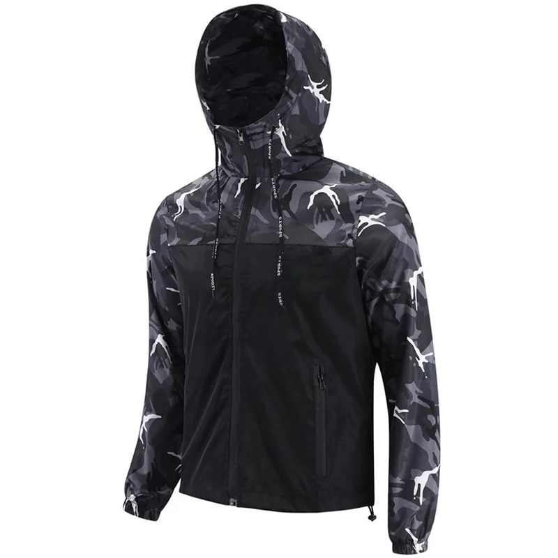 Men's Hooded Camouflage Lightweight Windproof Jacket Autumn Korean Style Bomber Outdoor Casual Sports Coat for Hiking Climbing