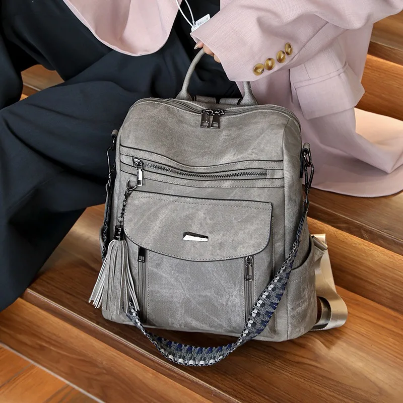 2025 Women's PU Leather Backpack Waterproof Anti-theft Large Capacity Tassel Detail Retro Travel Business College Shoulder Bag