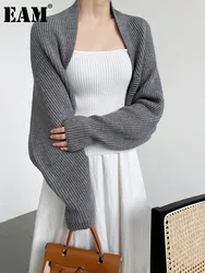 [Eam] elegante cinza tricô cardigan camisola solta ajuste com decote em v manga longa feminina nova moda maré outono inverno 2024 1df2337