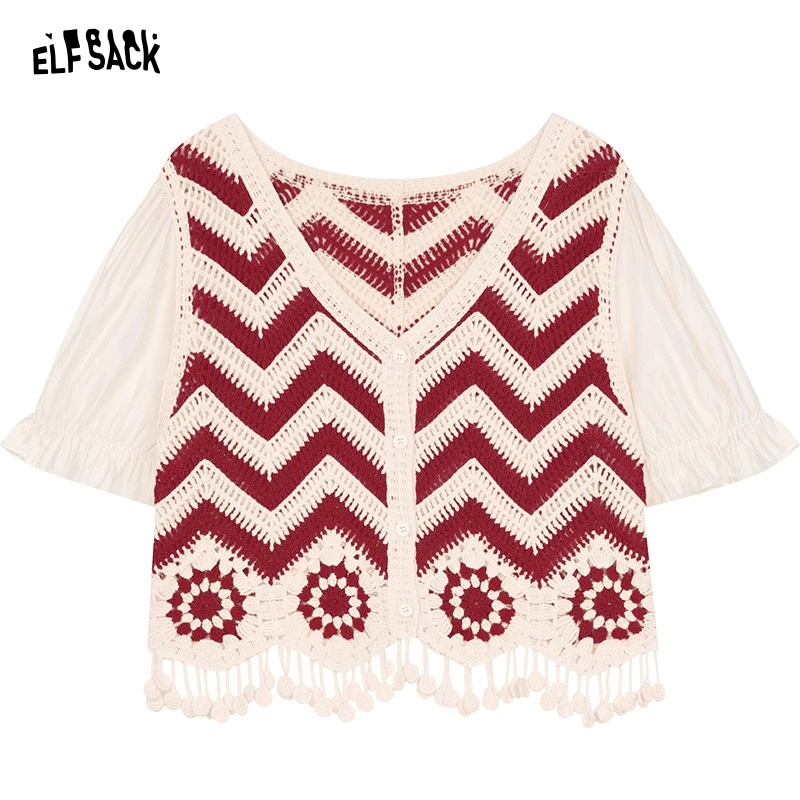 ELFSACK 2024 Summer New Arrivals Dopamine Cardigan Tassel Hollow Striped Short Sleeve Knitted Sweater for Women