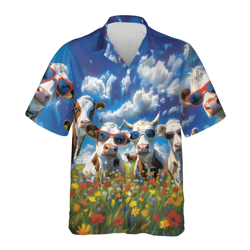 

New Summer 3D Print Men's Shirts Hawaii Farm Style Animal Pattern Short Sleeve Aloha Blouse Cow Casual Hawaiian Funny Camisa