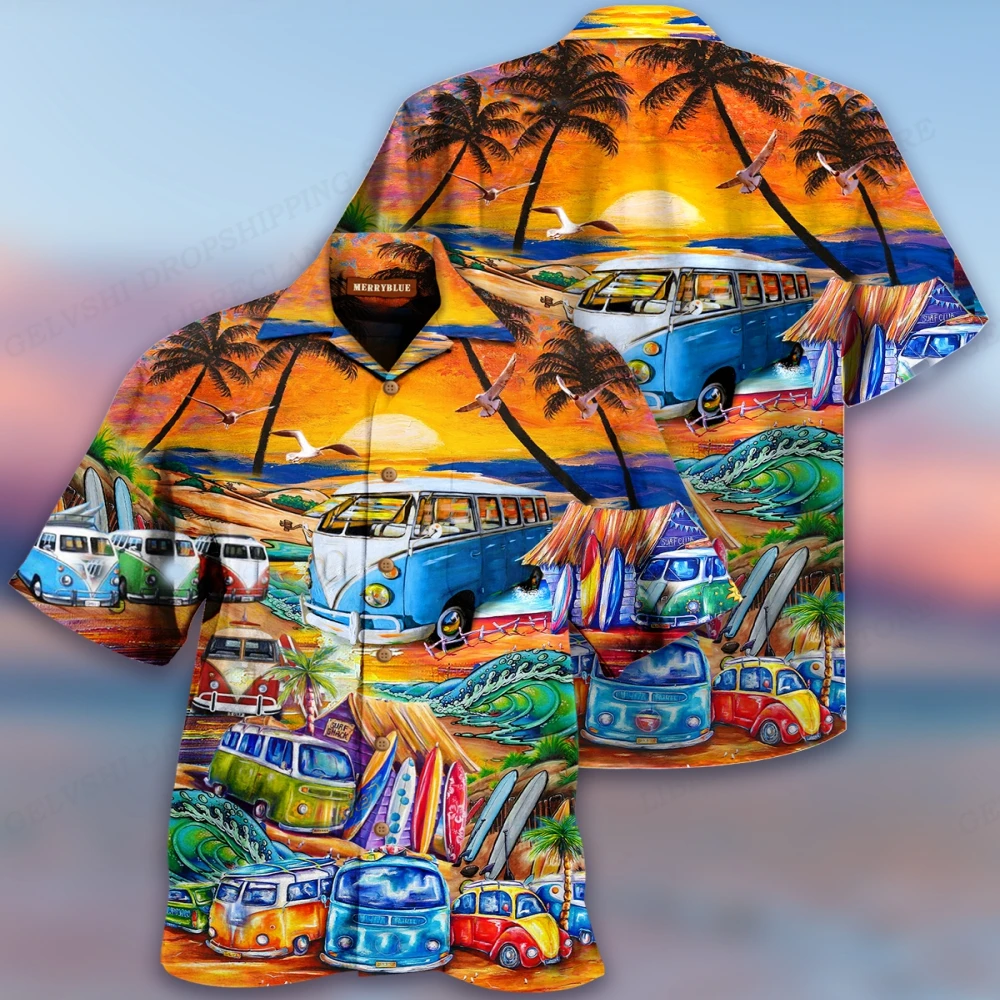 Heren Shirt Roepingsbus 3d Print Shirt Heren Mode Shirts Single-Breasted Hawaiian Shirt Strand Dart Blouse Kleding Met Korte Mouwen