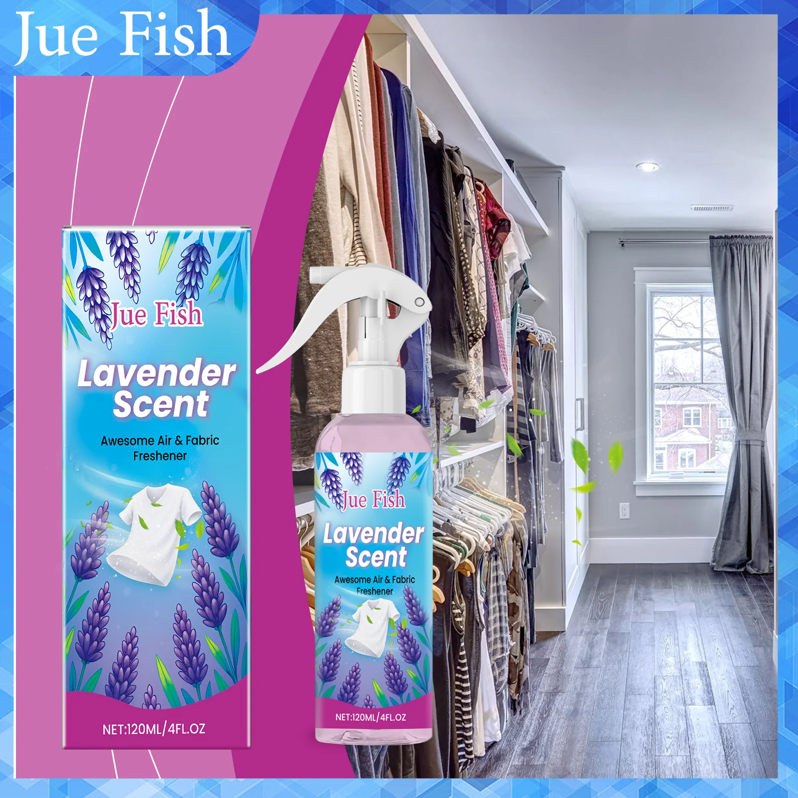 120ml Fabric Refresher Spray Odor Eliminator Lavender Scent Anti-Static Formula For Clothes & Linens Gentle On Fabrics