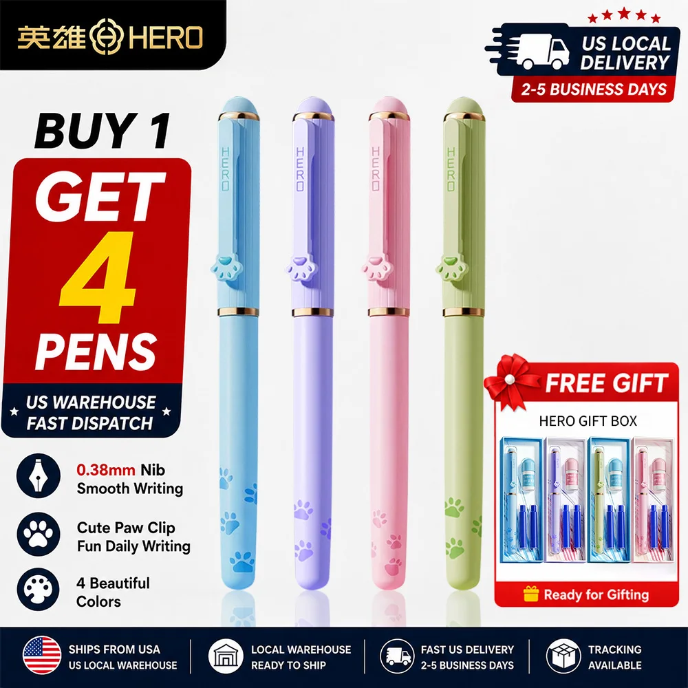Hero 360M Cat Paw Erasable Fountain Pen Local Warehouse Same Day Dispatch 0.38mm EF Iridium Nib Triangle Posture Correction Pen Metal Magnetic Cap Erasable Ink Cartridge Students Calligraphy Writing Pen School Office Stationery Gift