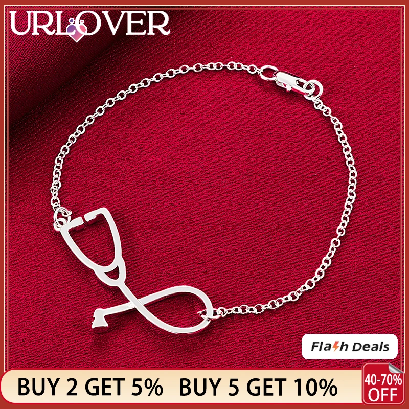 

URLOVER 925 Sterling Silver Bracelet For Woman Novel Stethoscope Chain Bracelets Lady Party Wedding Birthday Fashion Jewelry