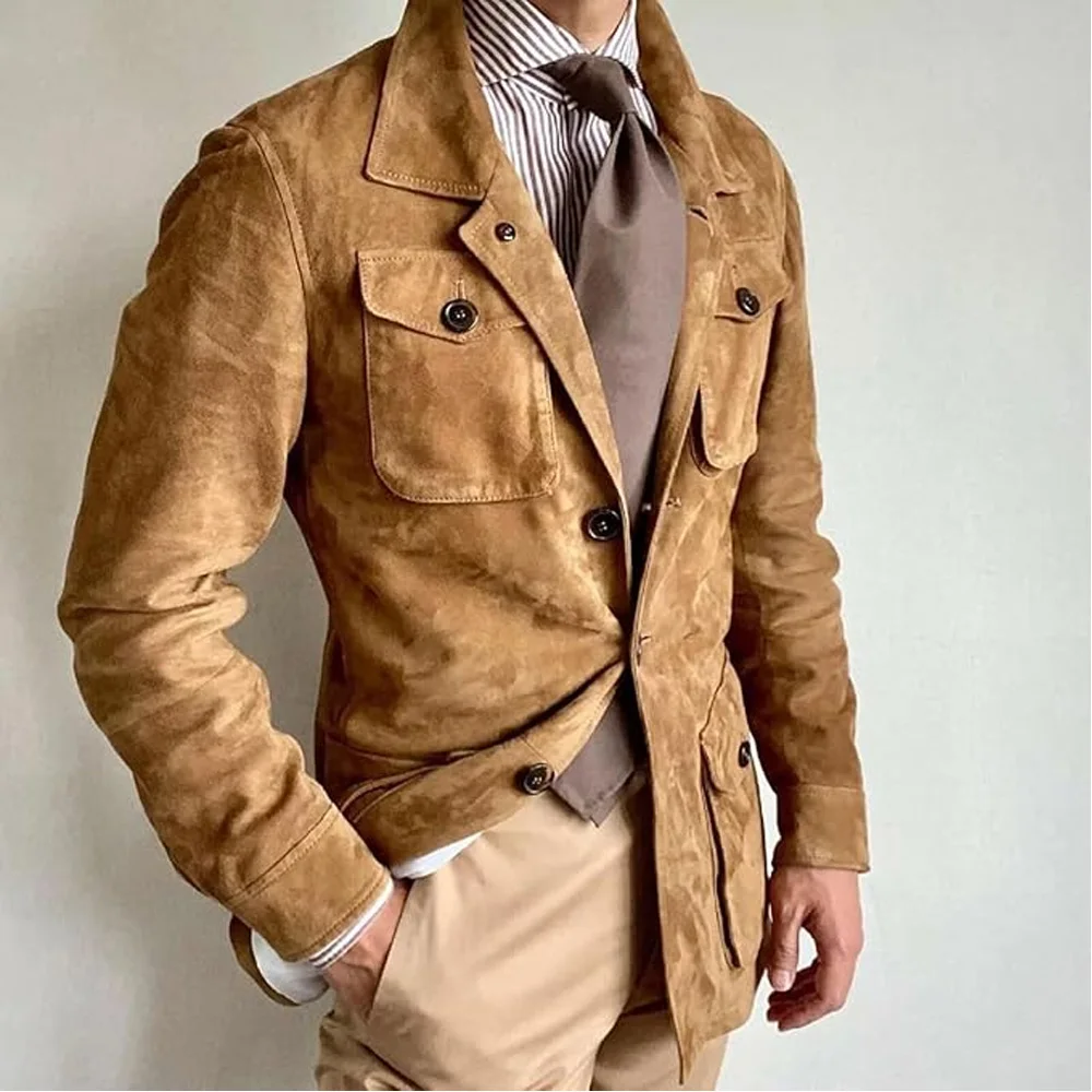 

Suede Fabric Men's Social Coat Single-breasted Suit Jackets for Man Jackets High Quality Casual Four Buttoned Pockets Fashion