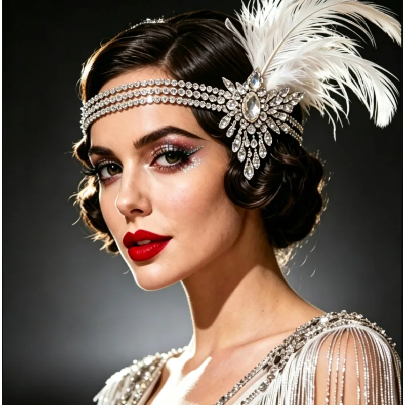 Roaring 20s White Feather Headband with AB Rhinestone Chain, Crystal Flower Flapper Hair Piece, Masquerade Bridal Photoshoot Co