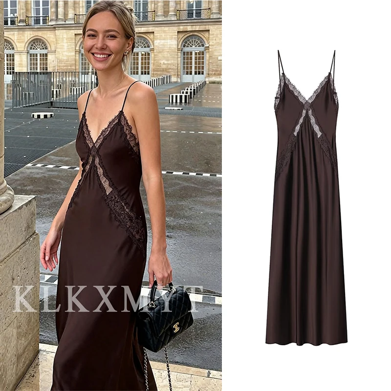 المرأة مثير الساتان الدانتيل لصق الرسن فستان طويل 2025 صيف جديد بلا أكمام عارية الذراعين التجاعيد فساتين النساء فساتين الحفلات المسائية #1