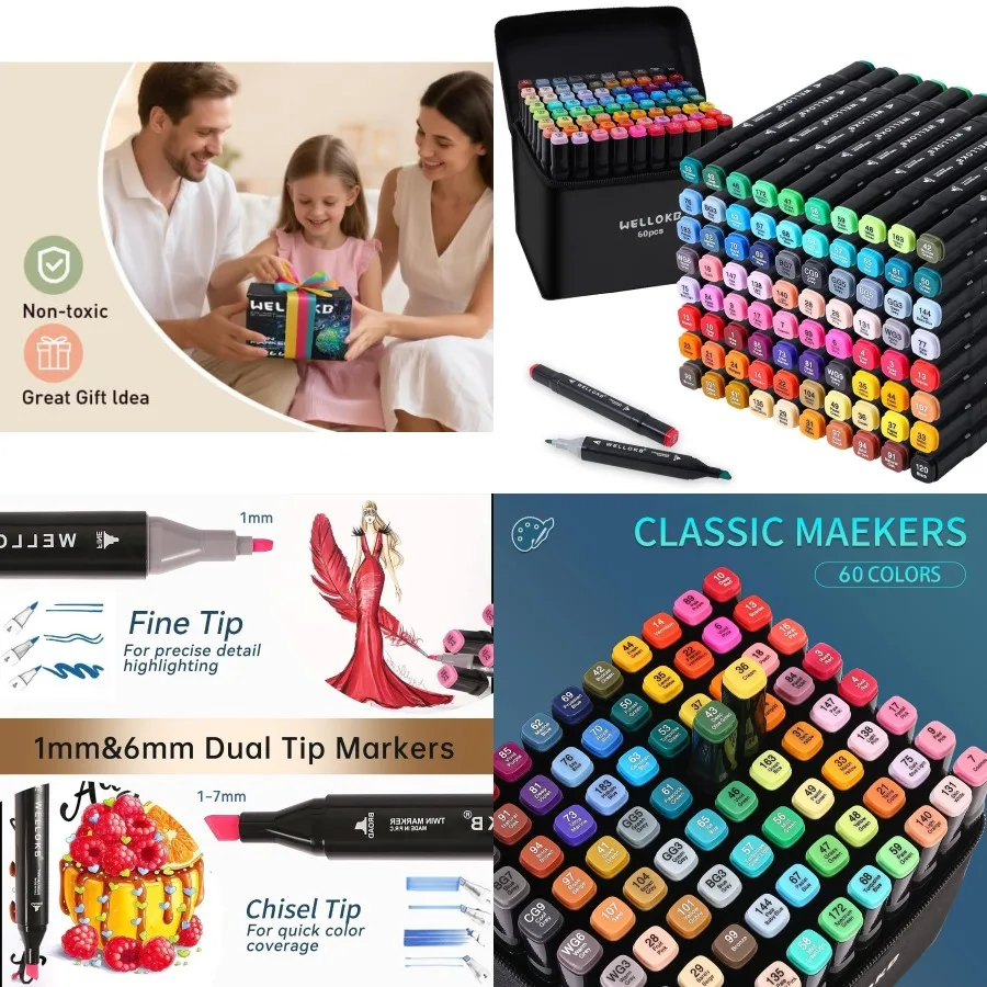 

Alcohol Markers Set 60 Colors Alcohol Based Dual Tip with Broad and Brush Tip for Adult Coloring Books Drawing Sketching Perfec