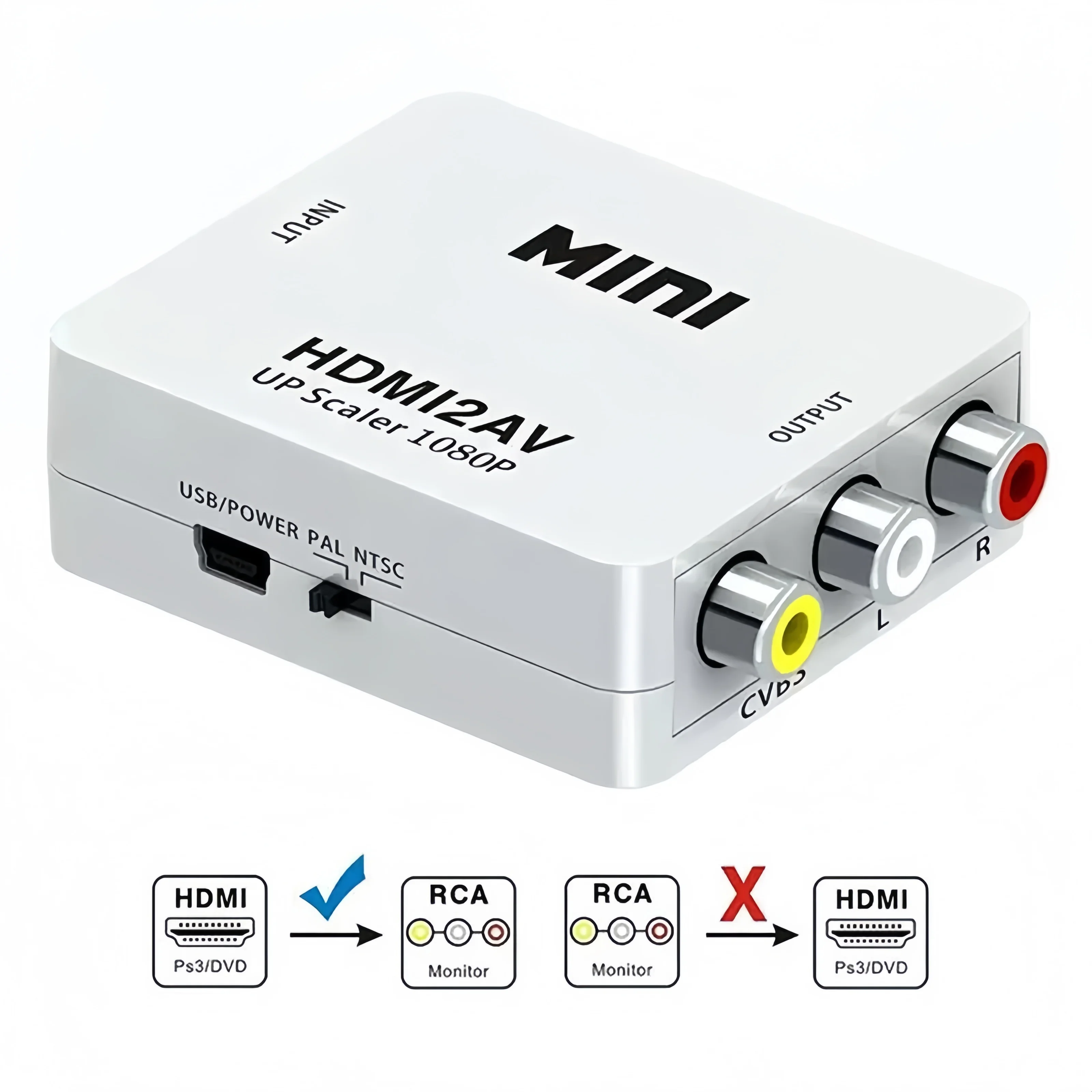 10PCS 미니 HDMI-3RCA 변환기 1080P 비디오 분배기 및 변환기 TV/PS3/DVD/VCR(팔/NTSC)용 CVBS 어댑터 포함