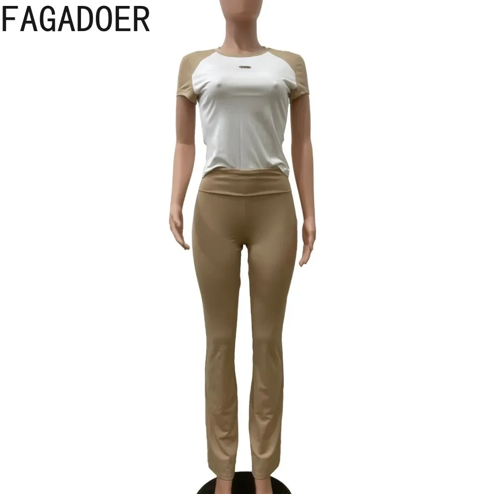 FAGADOER Casual Patchwork 2 Piece Sets Outfit Women Contrast Color Short Sleeve Crop Tops And Skinny Pants Tracksuits Clothing