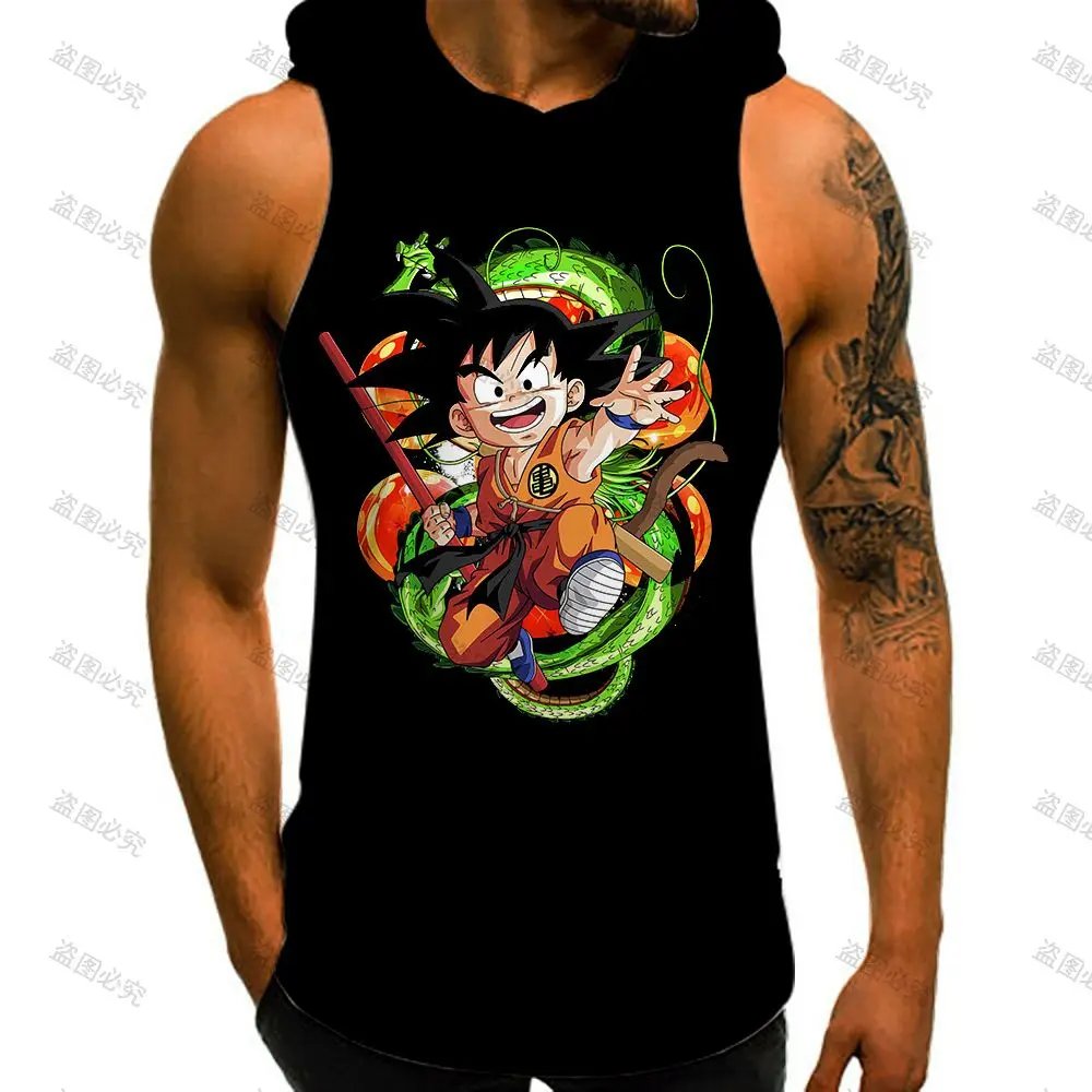 

Vest With Hood Sleeveless Vests Dragon Ball Z Streetwear Summer Anime High Street Gym Tank Top Men Goku Men's T-shirts Vegeta