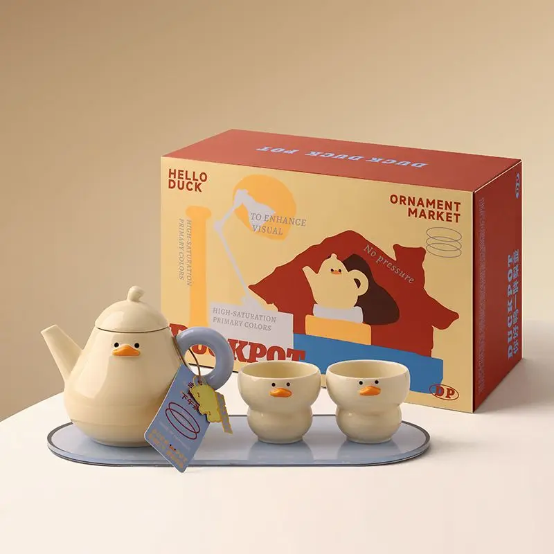 

Tea Cup Set Ceramic Relief Duck Coffee Pot Mug Bright Yellow Daily Drinking Cup Office Tea Gift Set Christmas Decoration