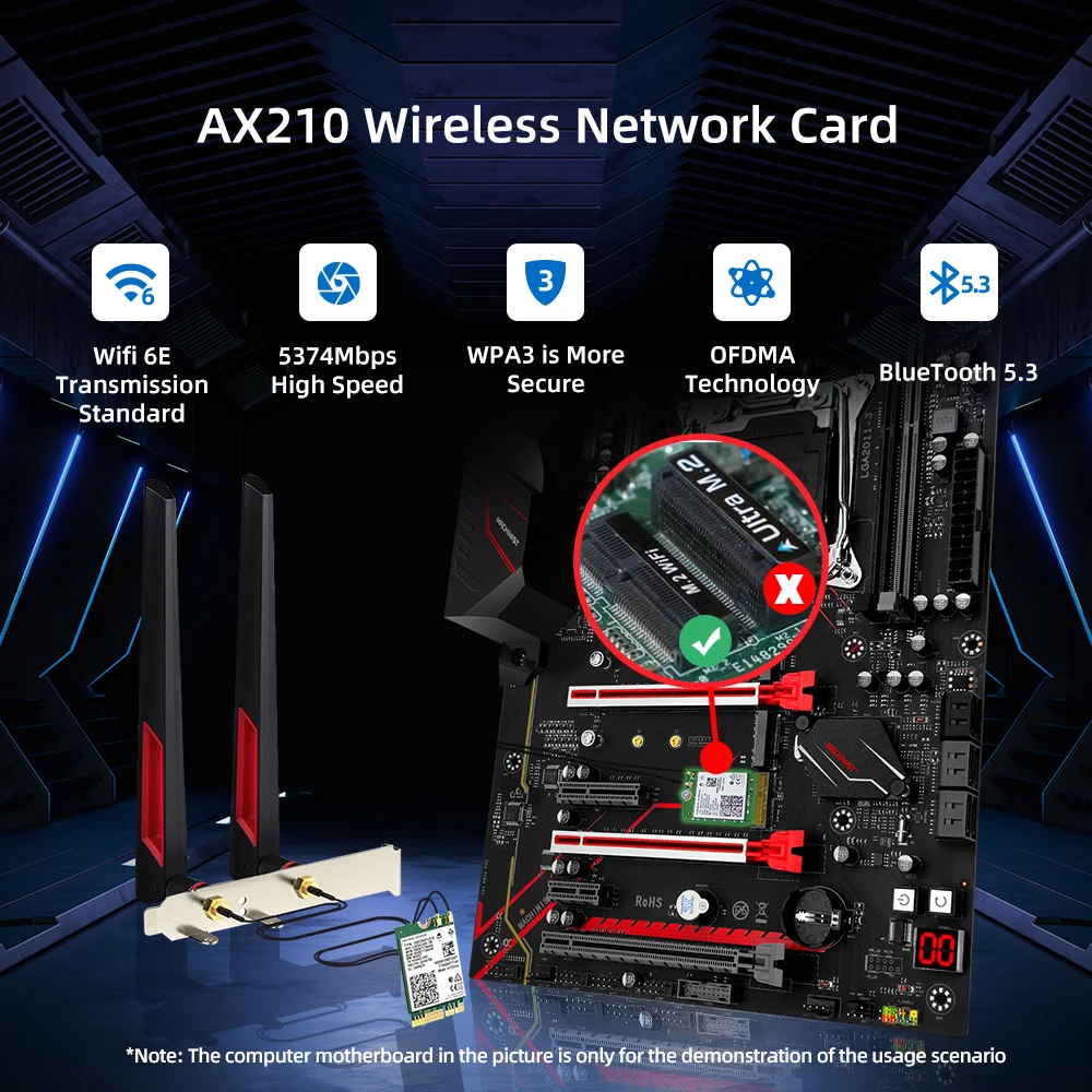 WiFi-Adapter AX210 Bluetooth 5.3 Netzwerkverbindung M.2-Schnittstelle 5374 Mbit/s Desktop-Kit 10 dB Antenne 2,4 G/5 G/6 G