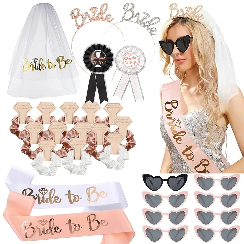 Rose Gold Bachelorette Party Decor Kit Bride To Be Veil Sash Tiara Heart Sunglasses Team Bride Hen Party Bridal Shower Supplies