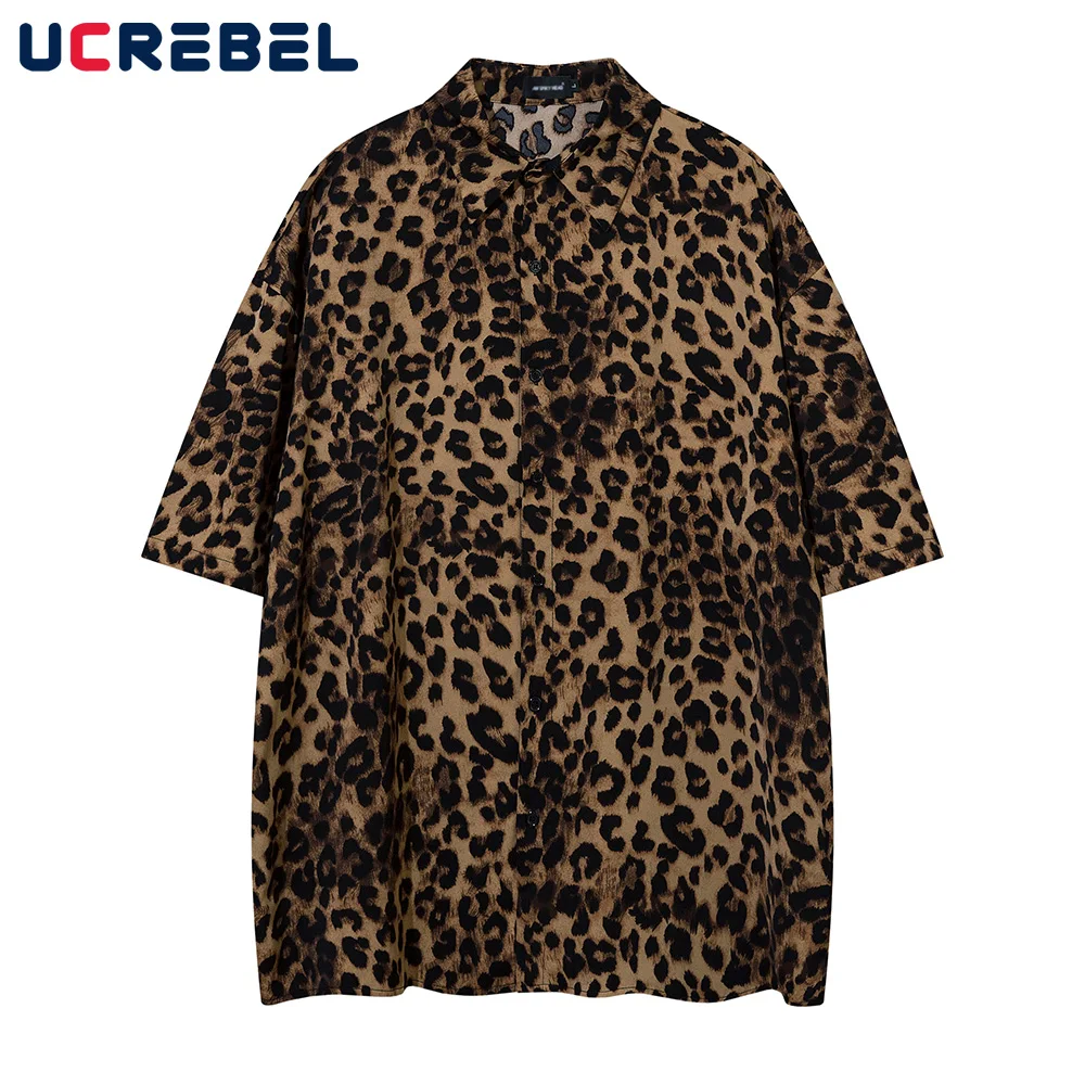 Leopard Print Short Sleeve Cotton Tee Mens Summer High Street Loose Lapel Single Breasted Half-Sleeve Tshirt Men