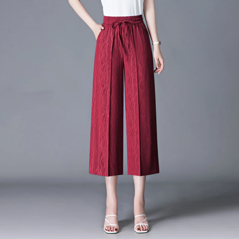 Summer New Fashion Casual Loose Wide Leg Pants Women Solid Elastic High Waist Drawstring Pocket Thin Versatile Straight Trousers