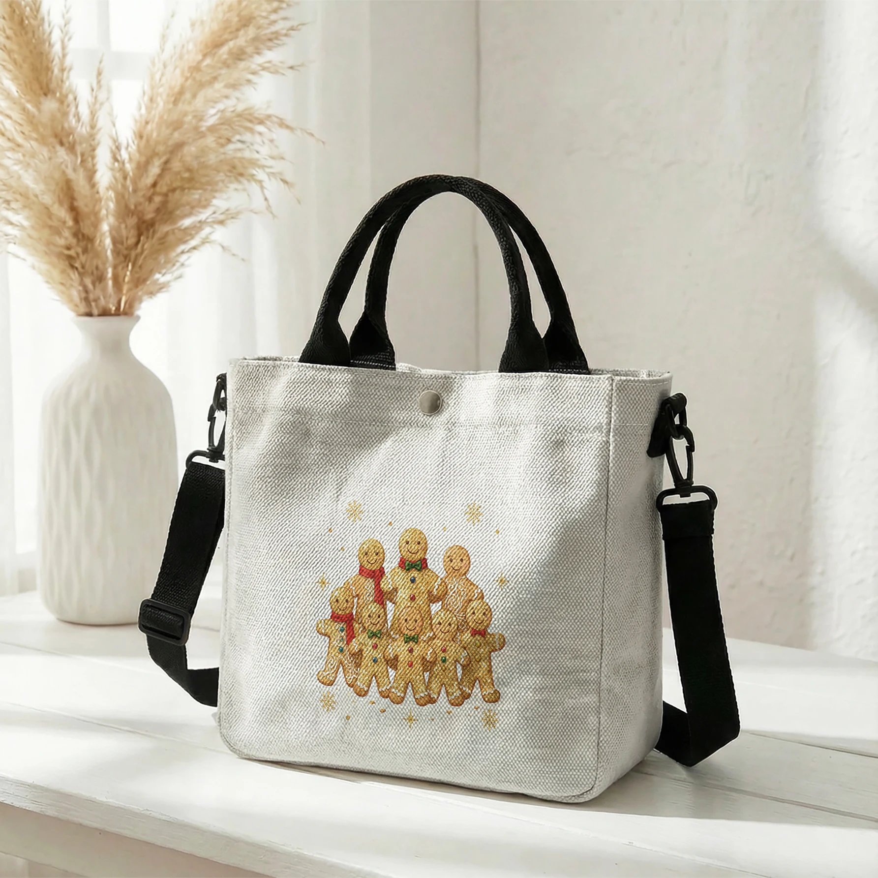 Gingerbread Man Group Print Tote Bag, Detachable Strap Crossbody Handbag For Daily Work Shopping