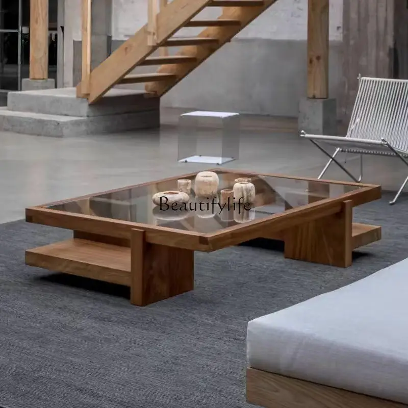 Minimalist solid wood tempered glass square coffee table living room home simple modern medieval tea table
