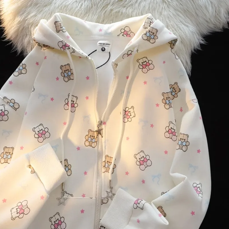 

Harajuku Sweet Cute Bear Full Print Cartoon Hoodie High Quality Oversize Zipper Jackets Preppy Style Teens Korean K Pop Clothes