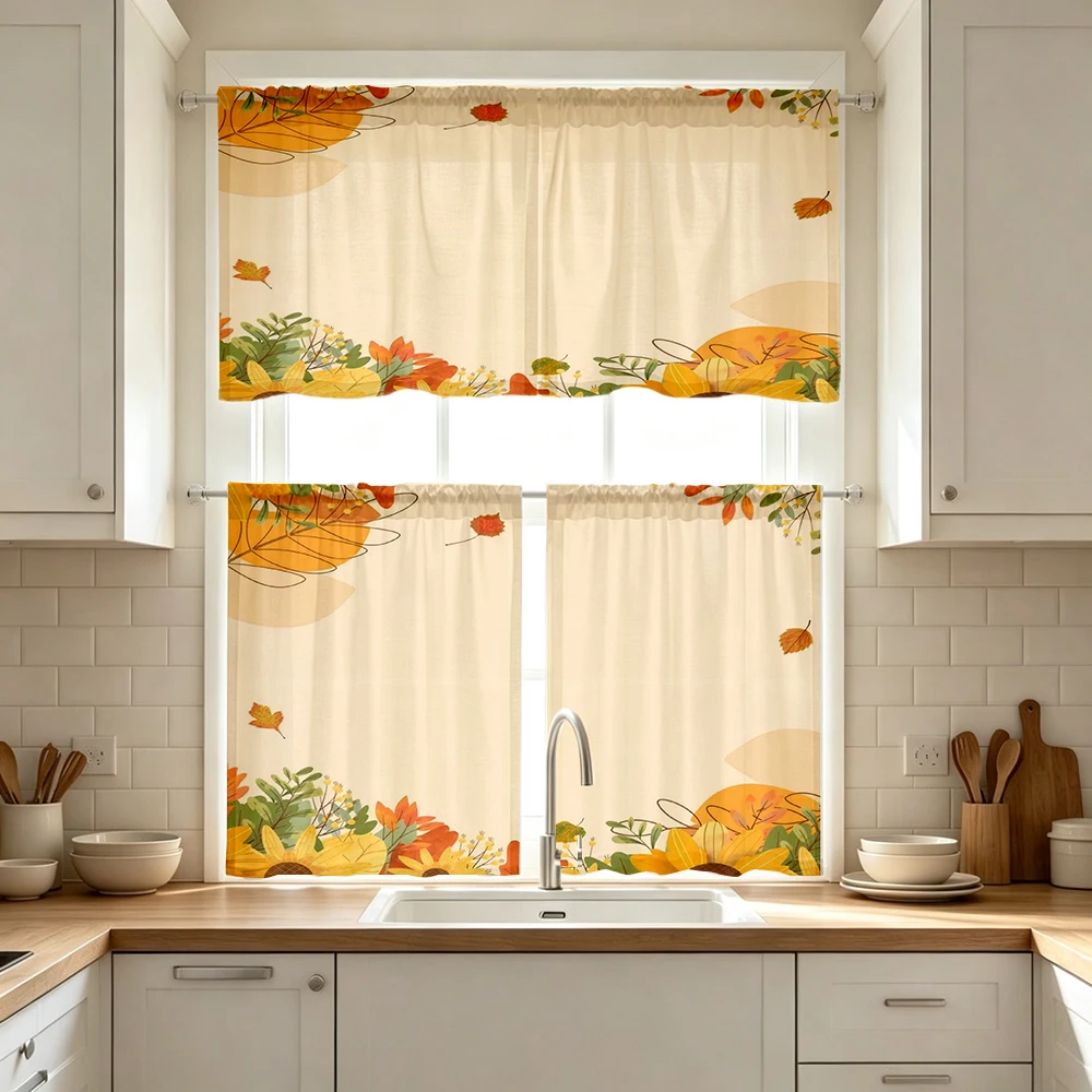 Thanksgiving Fall Kitchen Curtains, Sunflower Leaf Frame, Digital Print, Kitchen Dining Room, Rod Pocket Polyester, Home Decor