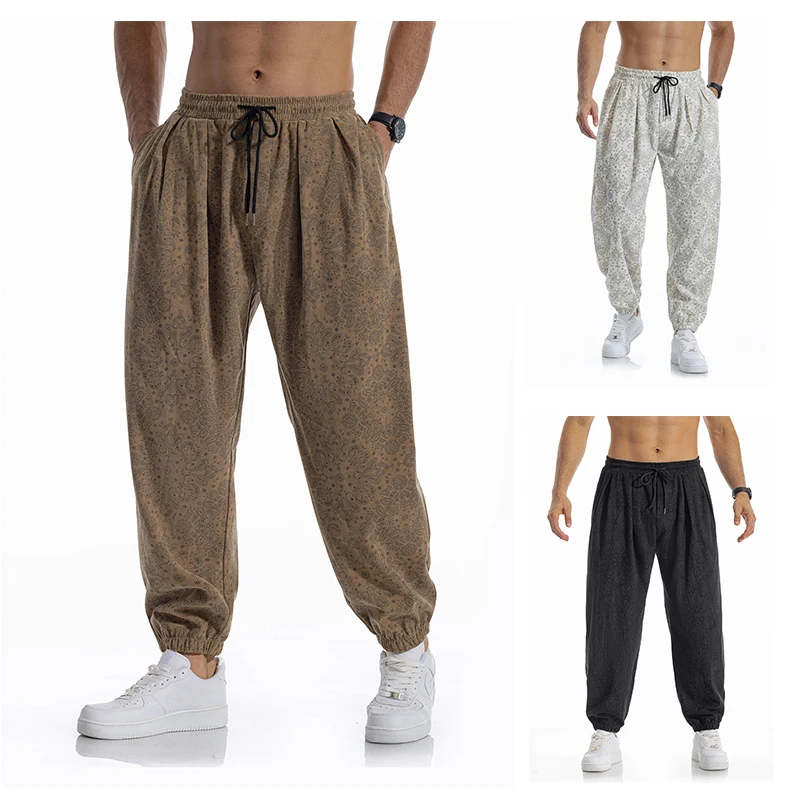 Men's Autumn Casual Loose Flannel Pants Fashion Paisley Print Drawstring Outdoor Trousers Running Jogger Tracksuit Legging Pants