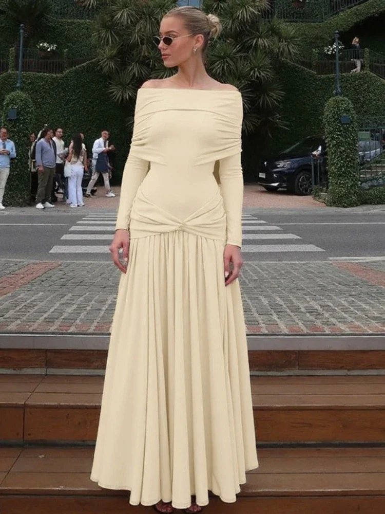 Woman Clothing 2025 Autumn Slash Neck Ruched Long Maxi Dress High Street Female Chic Tunics Pleated Solid Evening Party Dresses