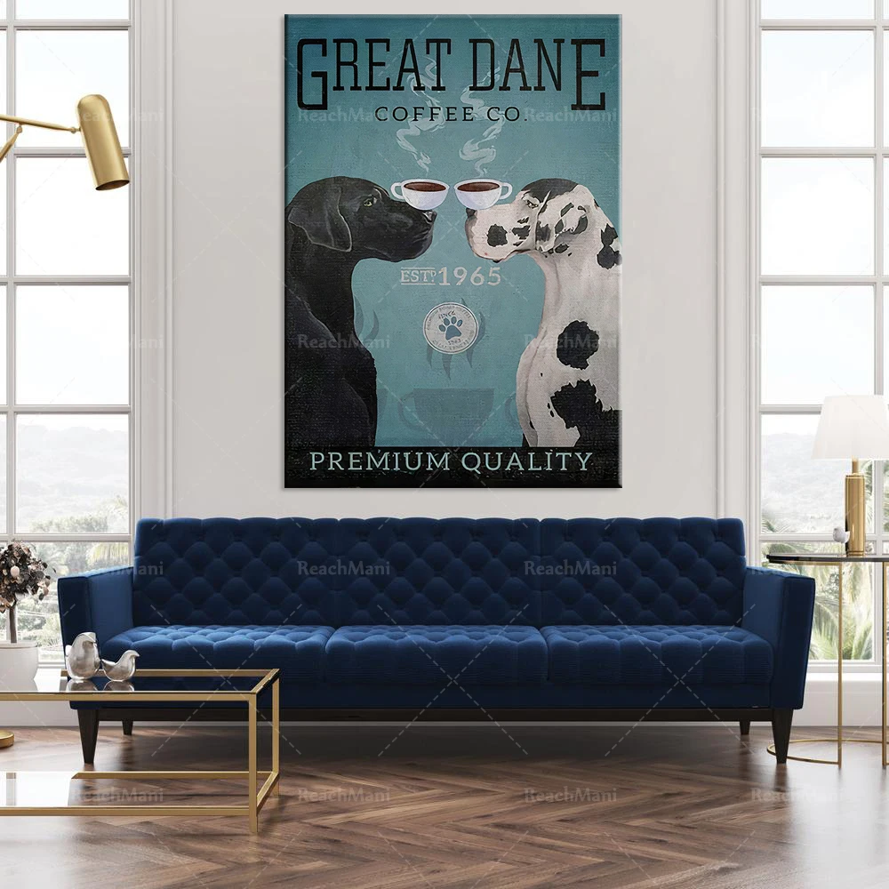 

Great Dane Coffee Co Poster, Black and Dalmatians Art Print, Great Dane Canvas Print, Dog Lover Poster, Great Dane Gift