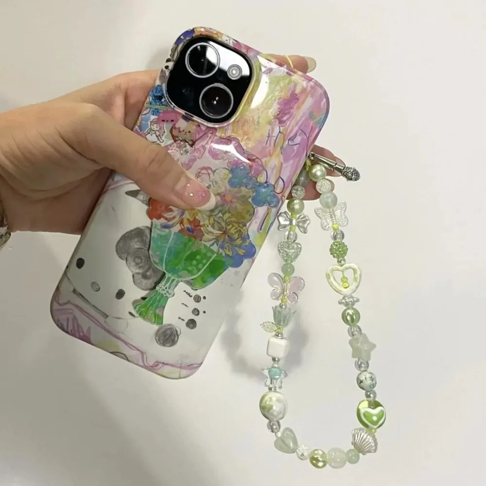 الأخضر زهرة شريط لتعليق الهاتف المحمول الحبل لطيف Kawaii فراشة سحر المفاتيح حالات ل IP 15 Airpods سماعات Ins كوريا الساخن اليدوية
