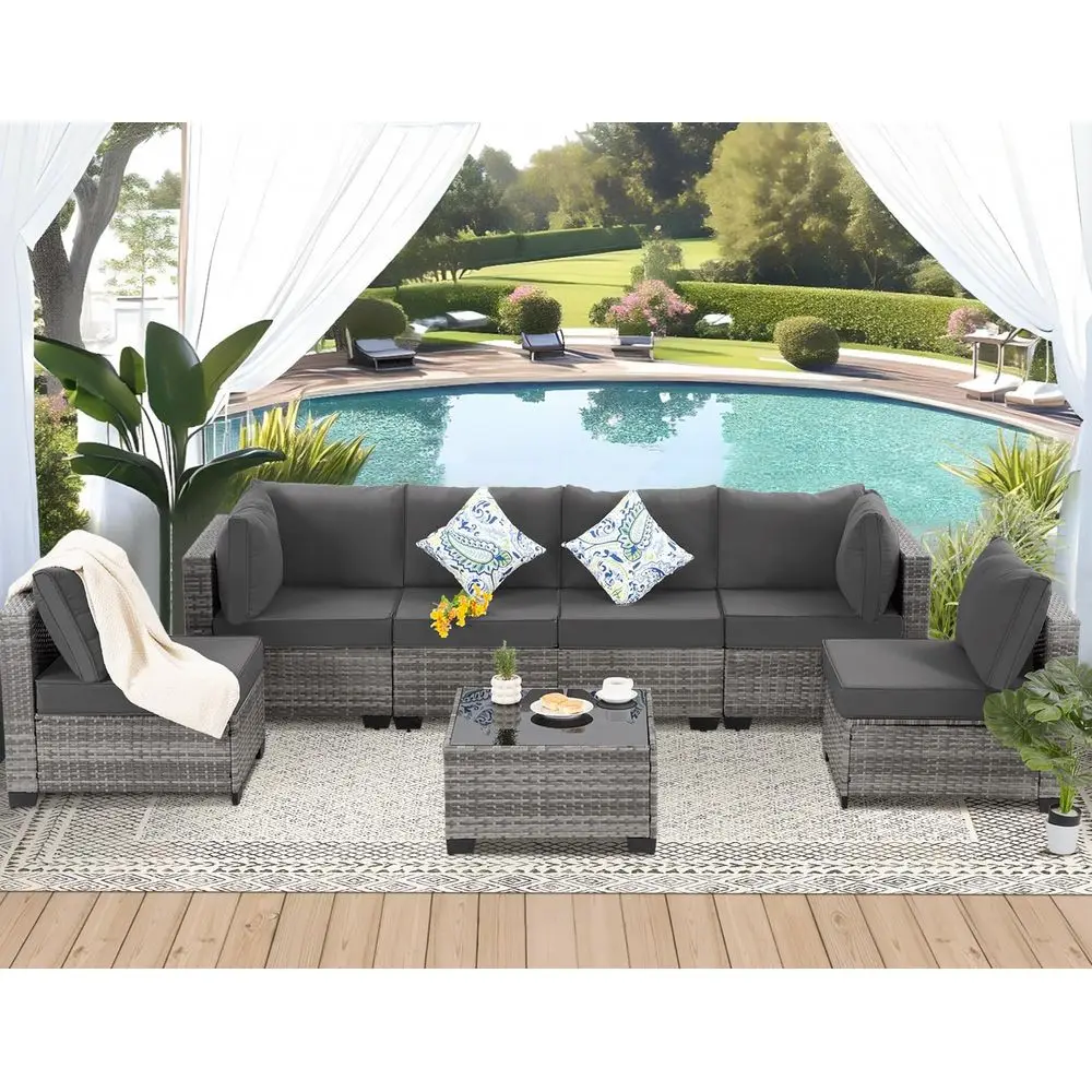 

7 Piece Outdoor Wicker Patio Furniture Set, Rattan Sectional Sofa Couch, Patio Conversation Set with Cushion amp Coffee Table,