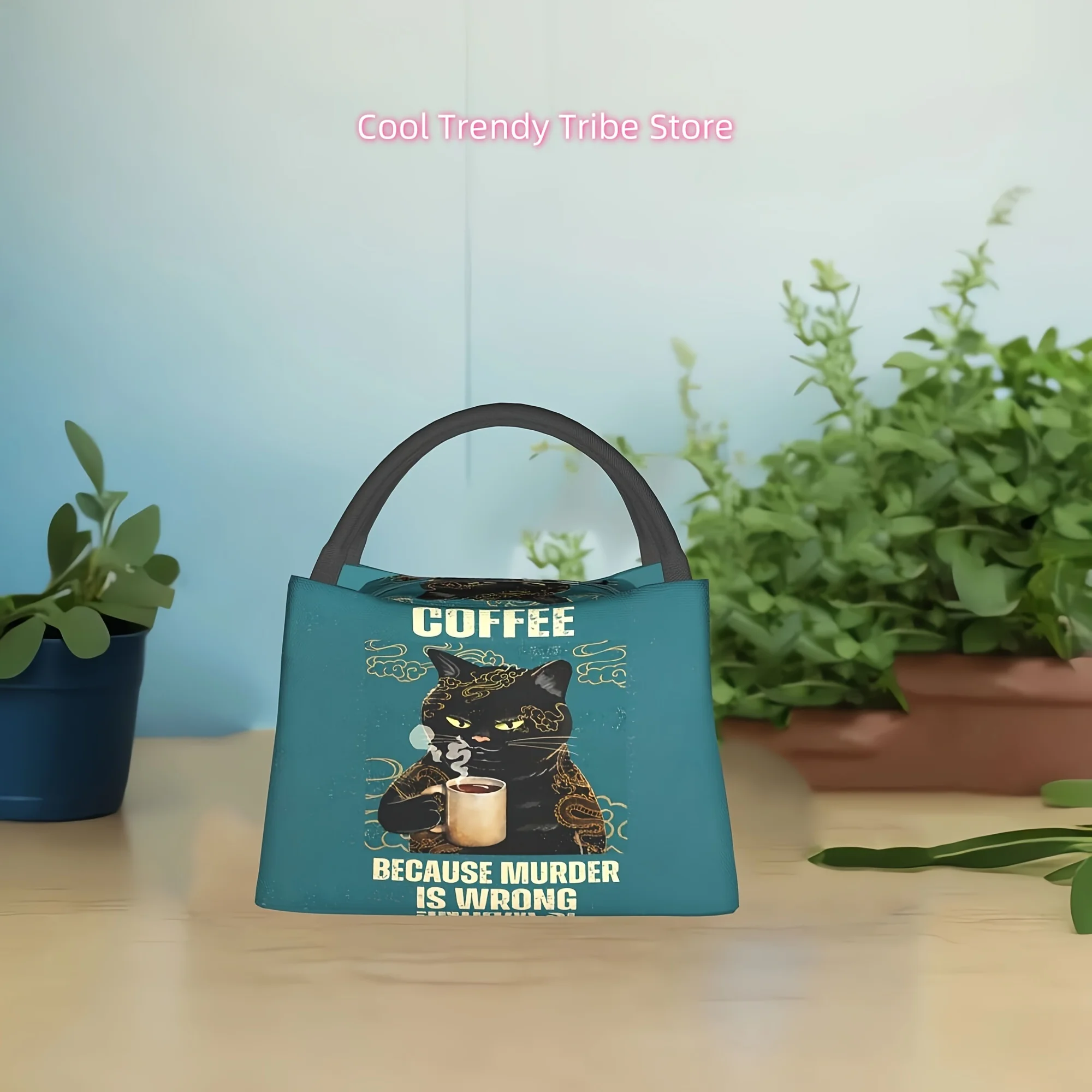 1pc Black Cat Drinking Coffee Pattern, Portable Reusable Cooler Bag, Insulated Lunch Bag,   for Camping, Picnic, Beach,